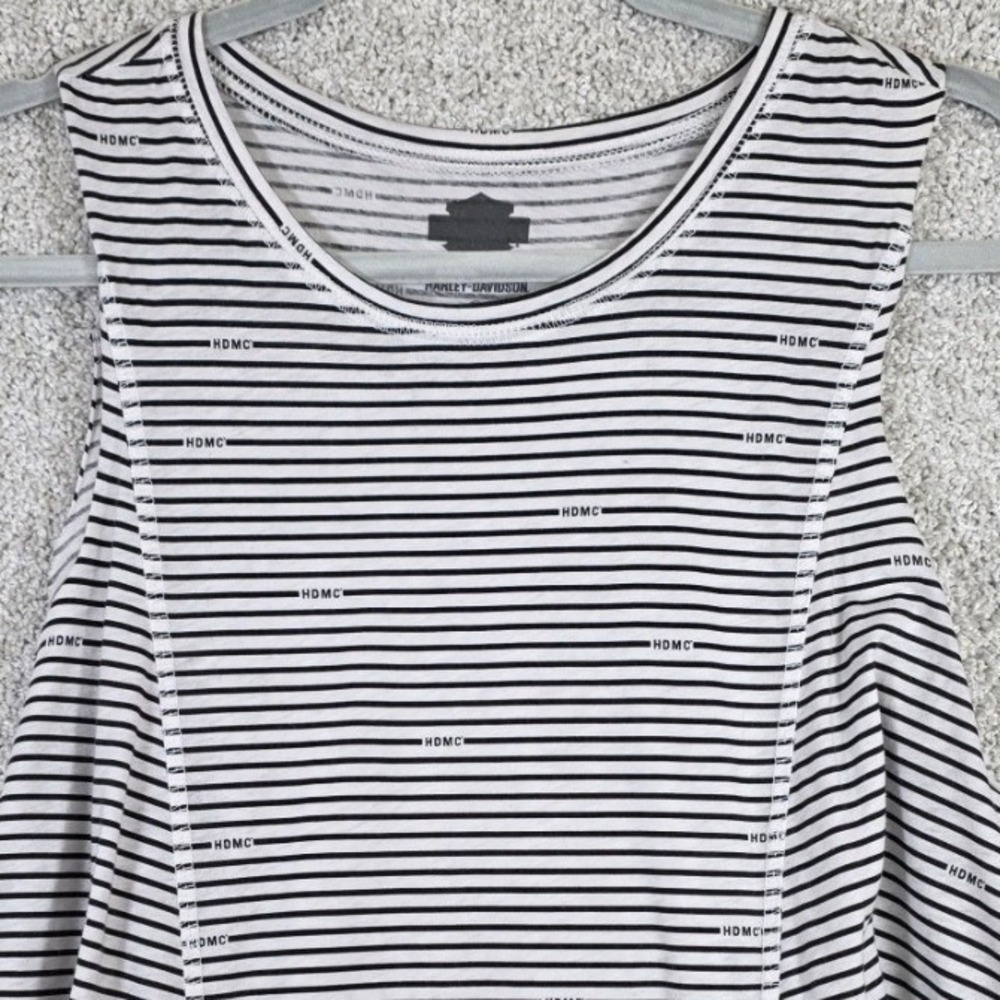 Harley-Davidson Womens Med HDMC Striped Tank‎ Top Black White USA Motorcycle